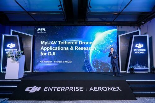에 관한 최신 회사 뉴스 2026 DJI ME 파트너 서밋에서 빛나는 MYUAV: MYUAV의 이중 레이어 테더 드론 솔루션, 글로벌 무대에 서다